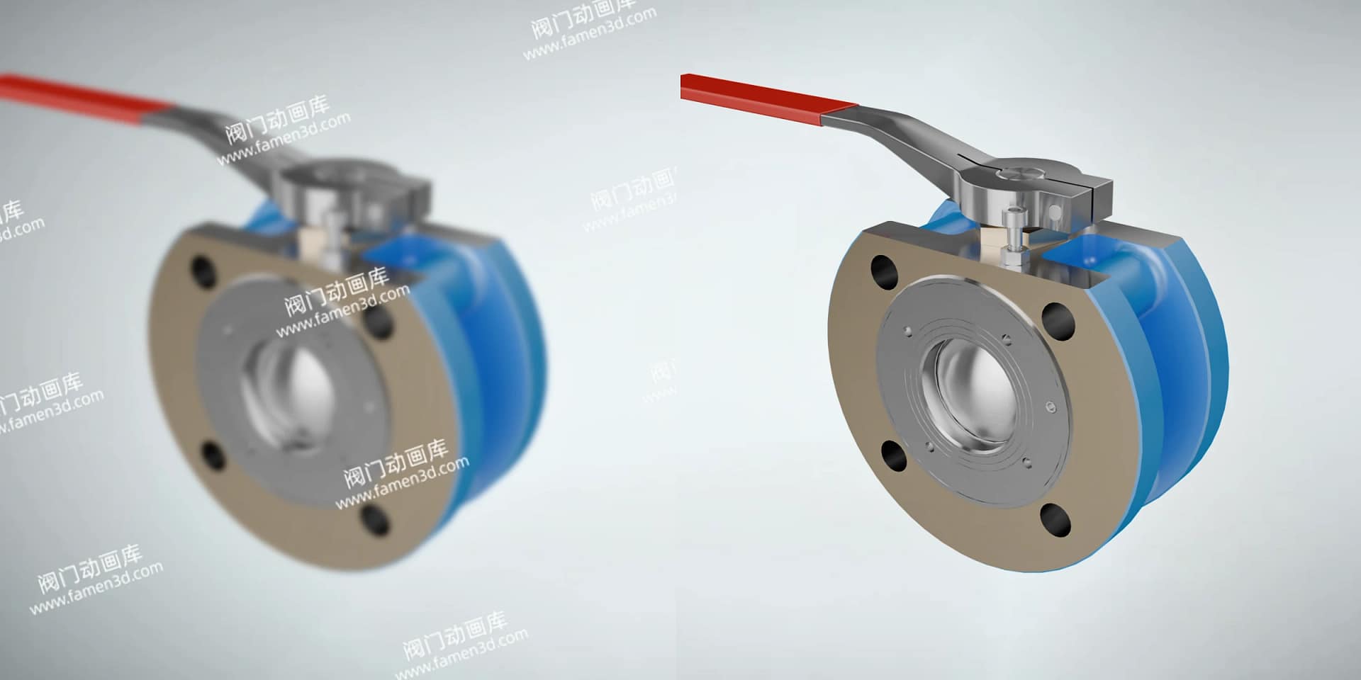 超薄对夹式法兰球阀工作原理三维动画 2 法兰连接浮动球阀三维动画 画质对比图