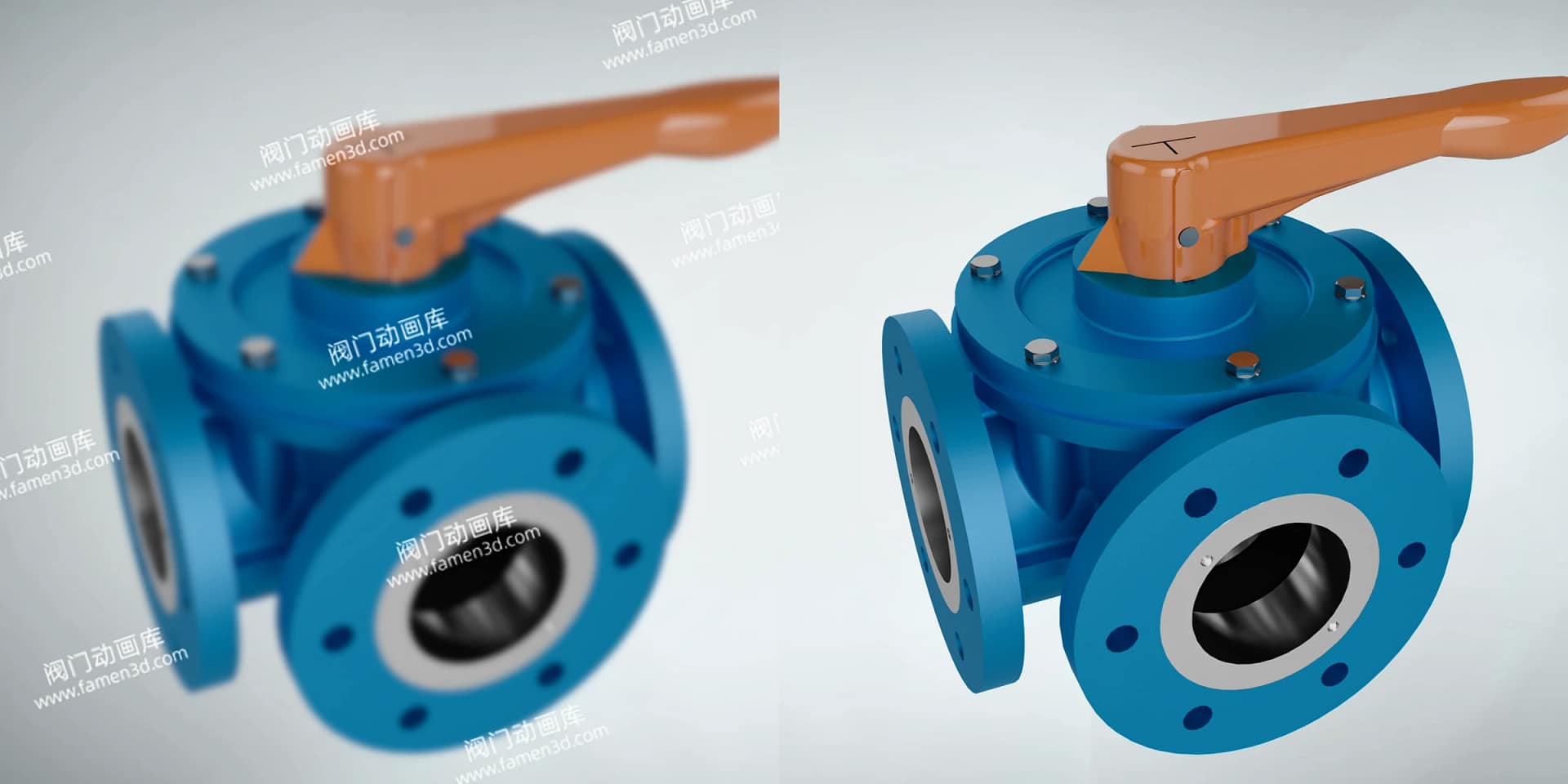 法兰式手动三通球阀工作原理三维动画 2 法兰连接手动三通球阀三维动画 画质对比图