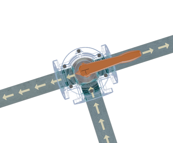 法兰连接手动三通球阀三维动画 流体分流演示图 法兰连接手动三通球阀三维动画 流体分流演示图