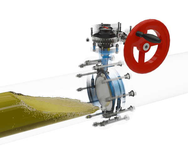 手动涡轮对夹蝶阀三维动画 流体关闭演示图 手动涡轮对夹蝶阀三维动画 流体关闭演示图