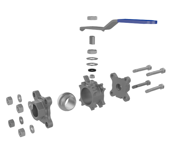 三片式不锈钢手动球阀三维动画 结构拆解图 三片式不锈钢手动球阀三维动画 结构拆解图