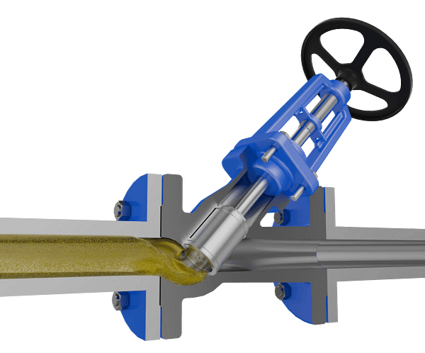 Y 型截止阀三维动画 内部流体关闭特写图 Y 型截止阀三维动画 内部流体关闭特写图