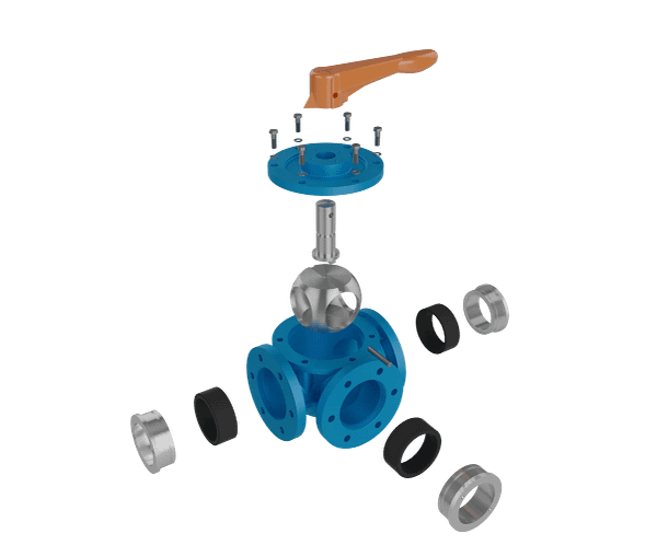 flange-connected-manual-three-way-ball-valve-3d-animation-exploded-view 三通球阀|组装演示短视频素材