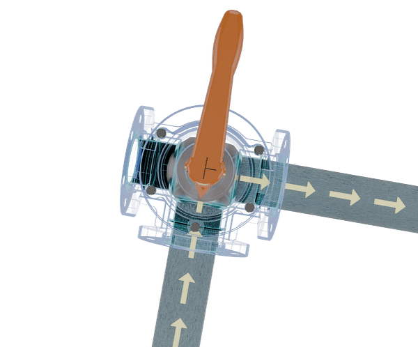 flange-connected-manual-three-way-ball-valve-3d-animation-fluid-distribution 三通球阀|流体模拟短视频素材